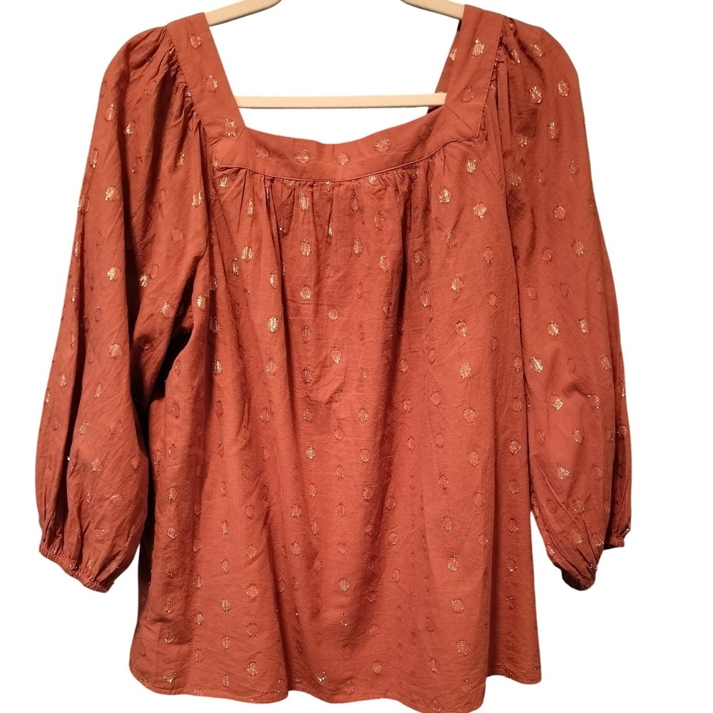 LAUREN CONRAD Womens Large Square Neck 3/4 Sleeve Rust Gold Dot Print Cotton Top - Picture 5 of 5
